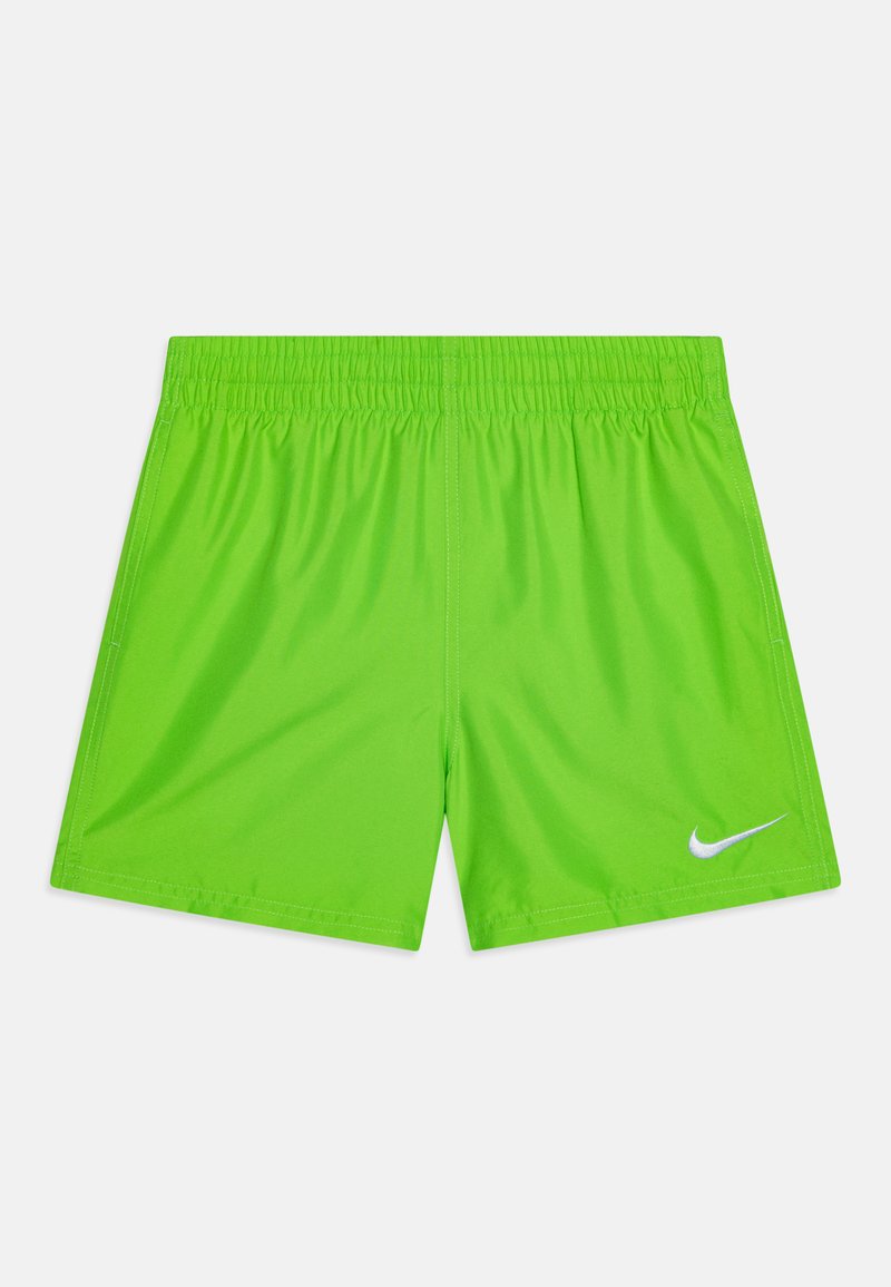 Nike peldēšanas šorti, spilgti zaļā krāsā, ar elastīgu jostasvietu, viegla materiāla, gludas tekstūras, balts logo akcenta elements apakšējā kreisajā pusē.
