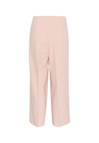 Lys pink skræddersyede bukser med lige skæring, to baglommer og en glat tekstur. Har en median-høj talje.