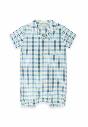 Korte ærmer plaid romper i blå og hvid med grønne detaljer, udstyret med træknapper, en brystlomme og elastiske benåbninger.