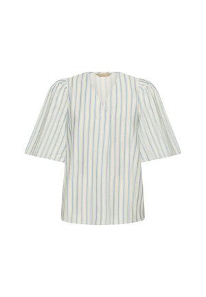 Svetlo modra in bela srajca z navpičnimi črtami, kratkimi puf rokavi, V-izrezom in teksturirano tkanino. Ohlapen kroj.