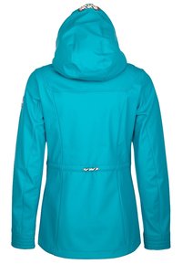 Turkusowa kurtka softshell z kapturem, z zaznaczoną talią, gładką teksturą i wzorzystym akcentem na podszewce kaptura.