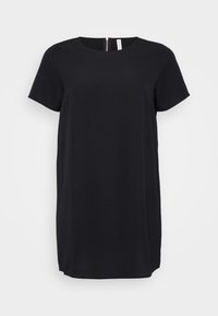 Vestido negro de manga corta hecho de tejido suave, con escote redondo y cremallera en la parte posterior para el cierre. Ajuste simple y relajado.