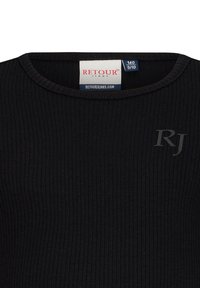 Czarny prążkowany top z dzianiny z okrągłym dekoltem. Posiada tonalne logo "RJ" po lewej stronie oraz metkę z informacjami o pielęgnacji i marce.