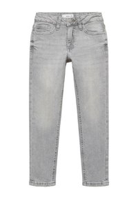Lichtgrijze denim jeans met een klassiek vijfzakkenontwerp, metalen knoopsluiting en een rechte pijp met een lichte vervaging.