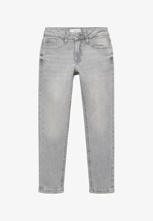 Jeans in denim grigio chiaro con un classico design a cinque tasche, chiusura con bottone metallico e taglio dritto con leggera sfumatura.