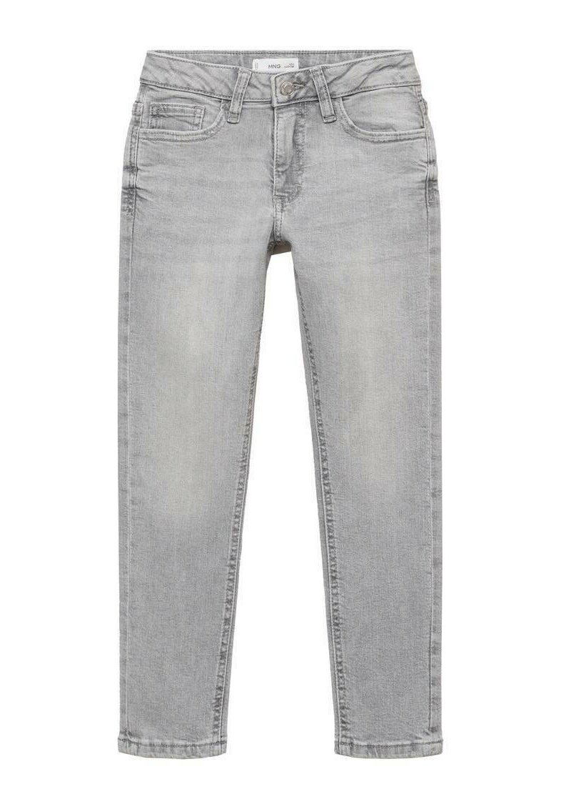 Jeans en denim gris clair avec un design classique à cinq poches, fermeture à bouton en métal et coupe droite avec léger dégradé.