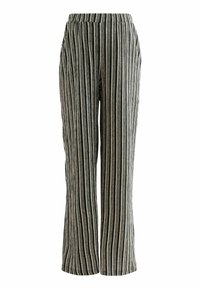 Pantalons à pattes larges rayés avec des lignes verticales noires et blanches, taille élastique et tissu léger pour le confort et la respirabilité.