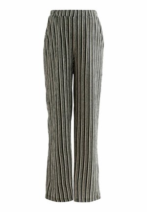 Pantalons à pattes larges rayés avec des lignes verticales noires et blanches, taille élastique et tissu léger pour le confort et la respirabilité.