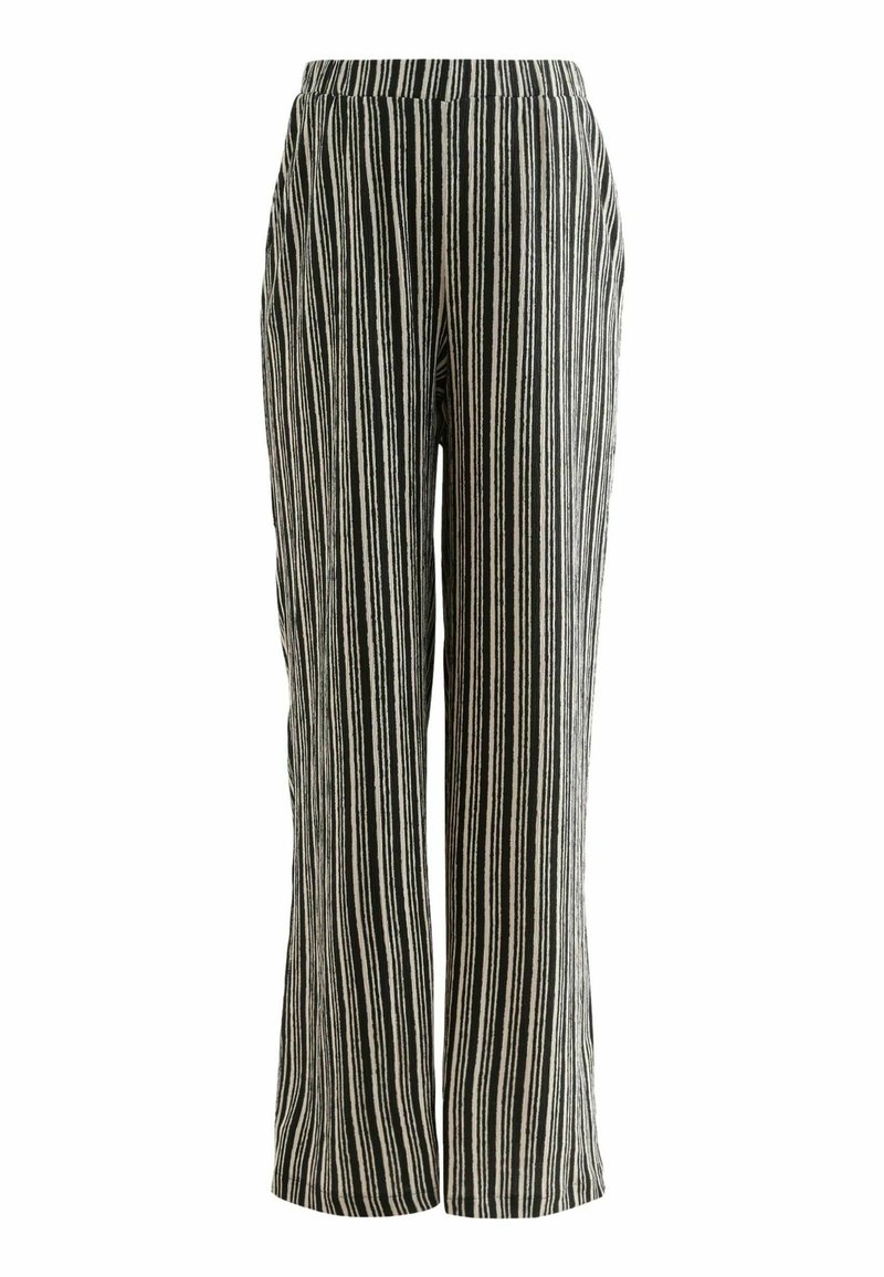 Pantalons à pattes larges rayés avec des lignes verticales noires et blanches, taille élastique et tissu léger pour le confort et la respirabilité.