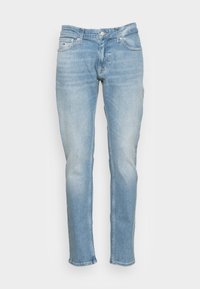 Světle modré džíny z denimu s rovn ý fit, pěti kapsami a jemným vyblednutím. Obsahují kovový knoflík a značkovou štítek na zadním poutku pásku.