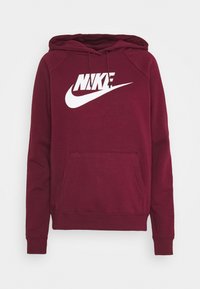 Maroon hoodie made of cotton blend with a front pocket, drawstring hood, and a large white Nike logo across the chest.