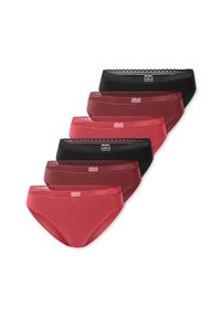 Sechs Paare Damen-Hipster-Unterwäsche in Rot, Dunkelrot und Schwarz. Weicher Stoff mit Spitzenbesatz entlang des Bundes. Etikett auf der Rückseite.