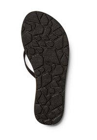 Sole di sandalo nera con superficie testurizzata e decorata con forme geometriche e scanalature per una migliore aderenza. Straps sottili sono visibili ai lati.