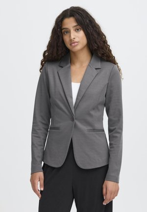 Gray tailored blazer made of smooth fabric, featuring a single button closure, two front pockets, and long sleeves with a classic collar.
