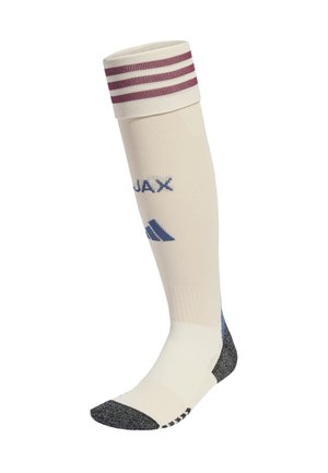 Hvide knæhøje sokker med maroon striber øverst, prydet med blå detaljer og logo. Tekstureret sål i mørkegrå for bedre greb.