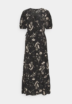 Schwarzes Wickelkleid mit Blumenmuster, kurzen Puffärmeln, V-Ausschnitt und einem fließenden Saum mit Stern- und Pflanzenmustern in Creme- und Goldtönen.