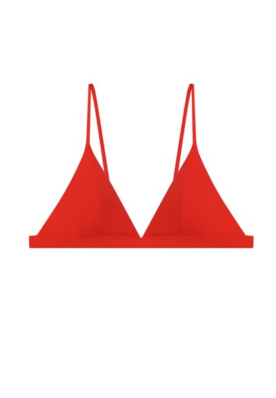 Red triangle bikini top with thin shoulder straps and a straight underband, shown against a white background.