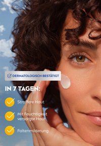 Moisturizing cream applied to an individual's cheek, featuring a light texture. Background displays a blue sky with clouds. Text highlights efficacy.