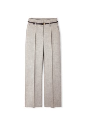 Light gray linen trousers with wide legs, front pleats, and a dark brown belt. Features a textured fabric and a classic cut.