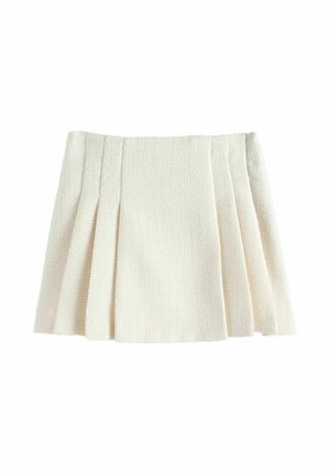 Krém színű, pliszírozott, texturált szövetből készült szoknya A-vonalú sziluettel és puha, strukturált megjelenéssel.