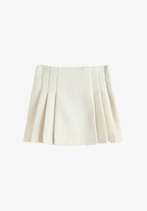 Flødefarvet plisseret tekstureret stofnederdel med A-linje-silhuet og et blødt, struktureret udseende.