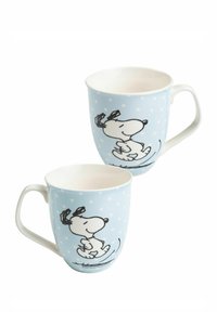 Tazze in ceramica di colore azzurro chiaro con finitura lucida, caratterizzate da un design di un cane cartoon e punteggiature bianche. Manico ergonomico, forma rotonda.