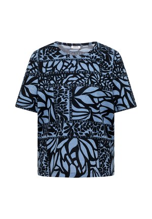 T-shirt bleu à manches courtes avec motifs floraux abstraits noirs et chaînes, col rond et ourlet droit.