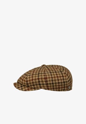 Brown and beige plaid flat cap with small button on top and short curved brim, displayed against white background.
