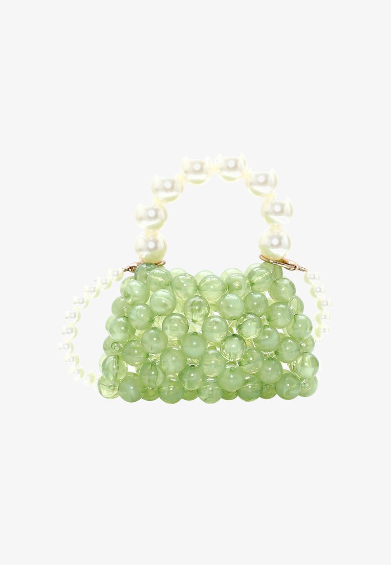 Sac à main en perles vertes avec une surface texturée, doté d'une poignée en perles et d'une forme structurée. Accent en métal doré inclus.