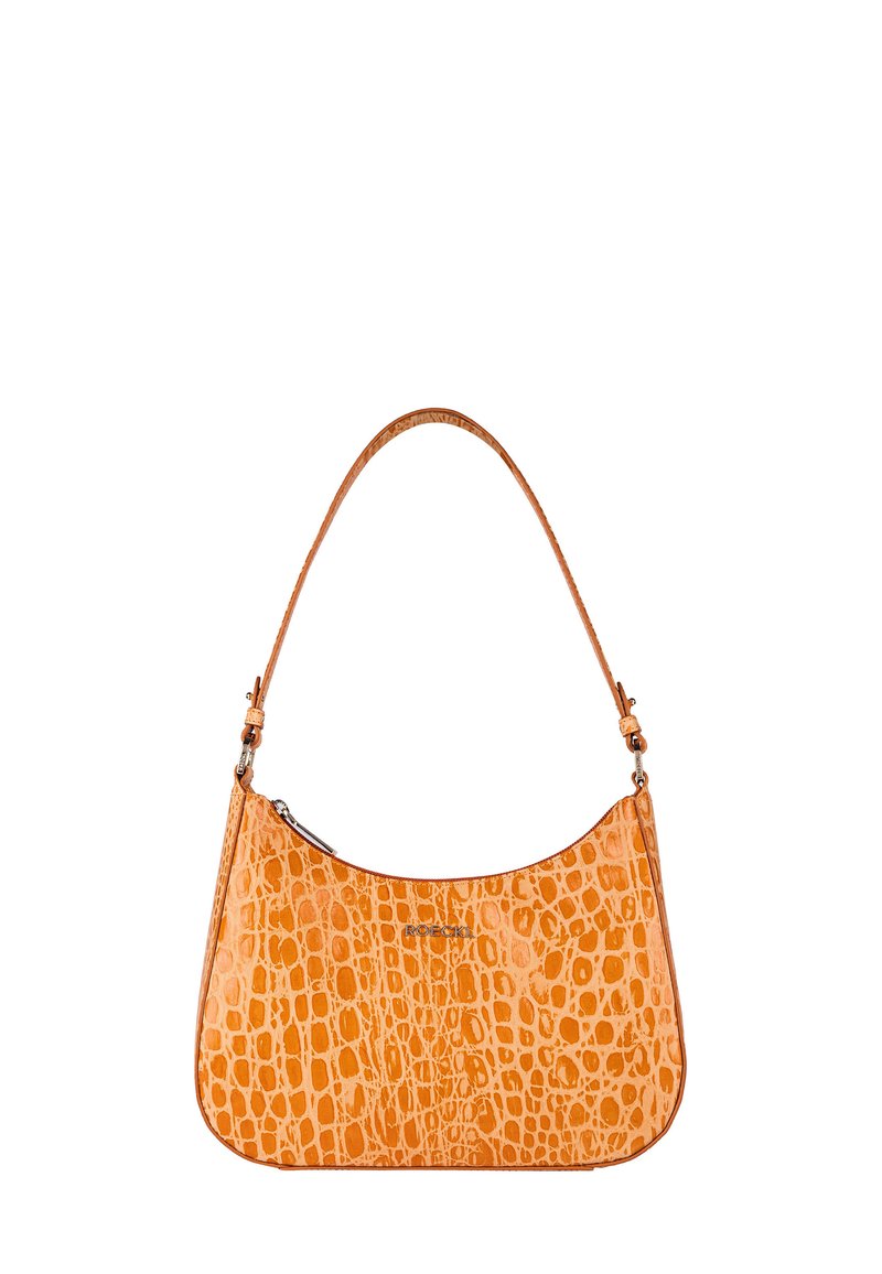 Orangefarbene, krokodil-geprägte Lederhandtasche mit geschwungener Form, kurzem Henkel und Reißverschluss. Verfügt über genähte Akzente und eine glatte Textur.