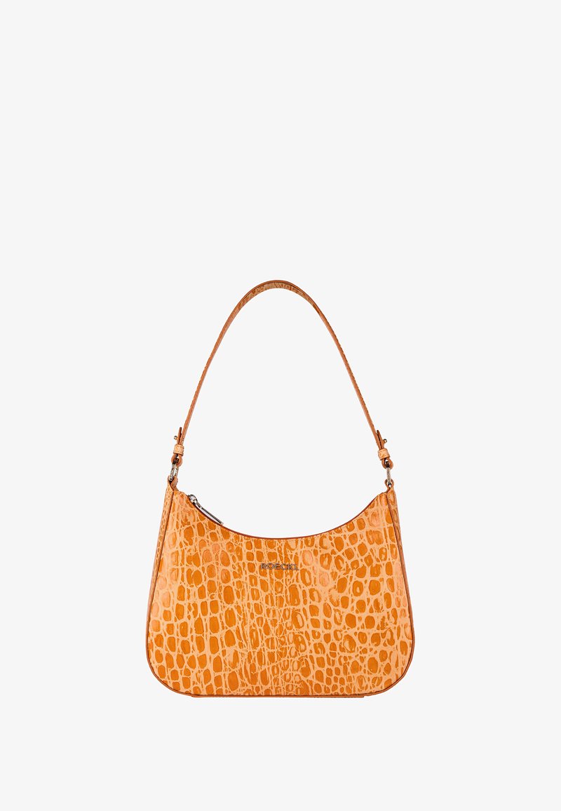 Orangefarbene, krokodil-geprägte Lederhandtasche mit geschwungener Form, kurzem Henkel und Reißverschluss. Verfügt über genähte Akzente und eine glatte Textur.