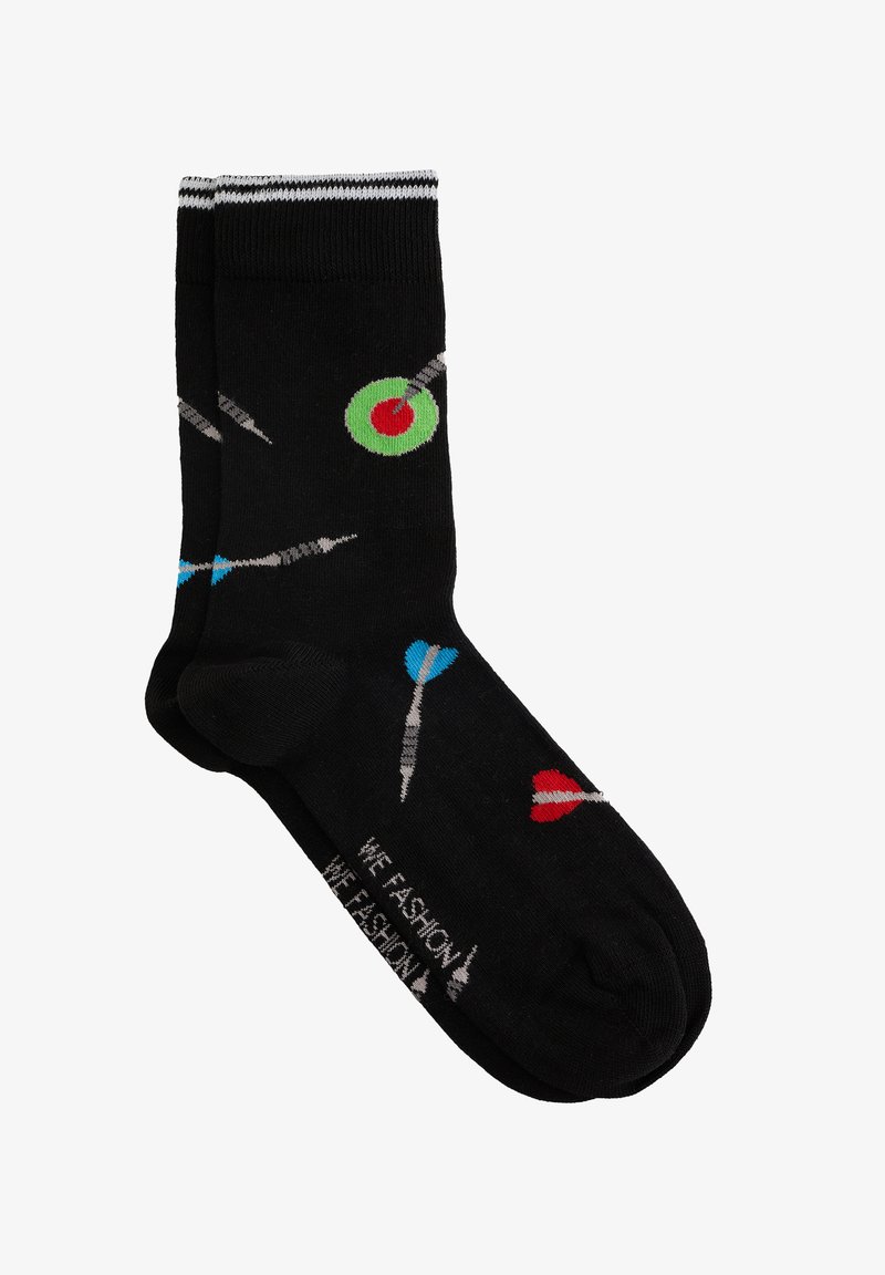 Calze nere per equipaggio con motivi colorati di freccette e bersagli, striscia bianca al polsino e testo bianco sulla suola.