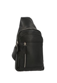 Schwarze Lederschultertasche mit einem Hauptfach mit Reißverschluss, einer Fronttasche mit Reißverschluss und glatter Oberfläche.