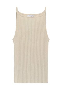Top canotta beige a costine realizzato in materiale morbido, con spalline sottili, scollo rotondo e silhouette aderente. Nessun motivo aggiuntivo.