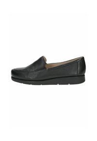 Černé kožené slip-on boty s texturovaným povrchem, zaoblenou špičkou a mírně zvýšenou podešví pro dodatečnou výšku.