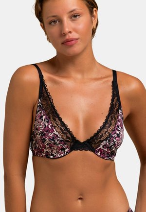 Bralette à dentelle dans un motif floral de rose, violet et noir. Tissu doux avec un design en V et fines bretelles réglables.