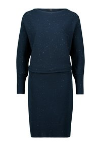 Sukienka dzianinowa w ciemnym granacie z teksturowanym, prążkowanym wzorem. Posiada luźną górę i ołówkowy dół, ozdobioną subtelnymi, wielobarwnymi kropeczkami.