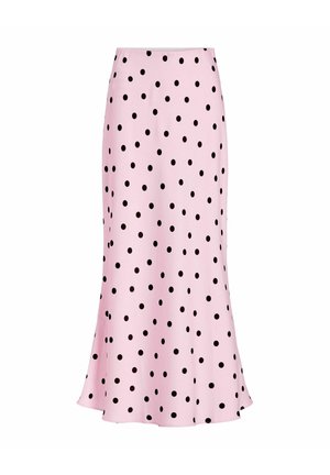 Jupe midi rose à pois noirs, cintrée à la taille, s'évasant légèrement vers l'ourlet.