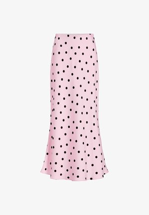 Rózsaszín midi szoknya fekete pöttyökkel, deréknál testhezálló, a szegély felé enyhén bővülő.