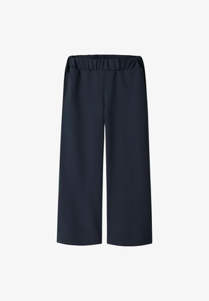 Pantalones de pierna ancha en azul marino, fabricados con una tela suave y elástica. Cuentan con una cinturilla elástica para mayor comodidad. Sin bolsillos ni herrajes visibles.