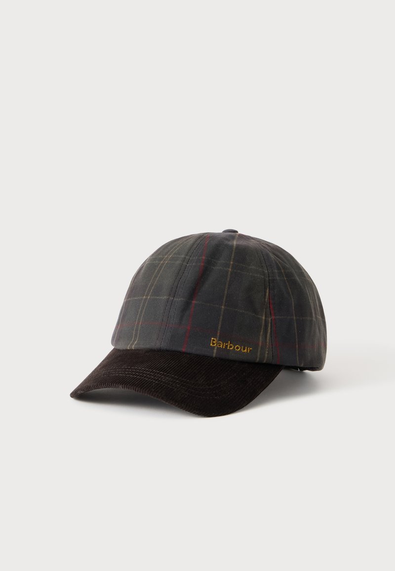 Casquette de baseball à carreaux foncés avec une visière en velours côtelé marron et un logo jaune "Barbour" brodé sur le côté face vers l'avant.