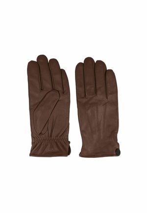 Paar brauner Lederhandschuhe mit gerafften Handgelenken und einem kleinen schwarzen Knopf an einem Bündchen, flach liegend mit sichtbaren Handflächen und Rückseiten.