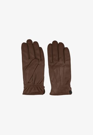 Paar brauner Lederhandschuhe mit gerafften Handgelenken und einem kleinen schwarzen Knopf an einem Bündchen, flach liegend mit sichtbaren Handflächen und Rückseiten.