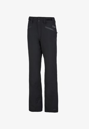 Pantalon d'extérieur imperméable noir avec poches latérales zippées, fermeture à bouton et velcro à la taille, coupe droite.