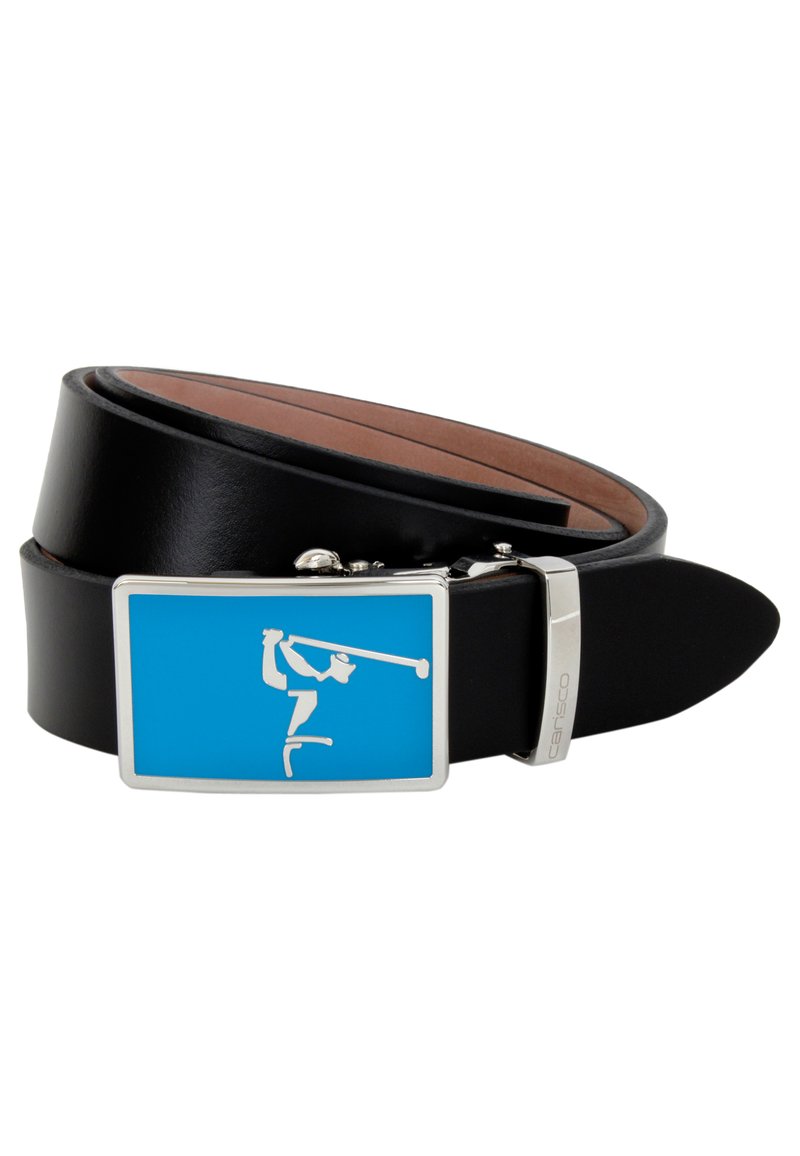 Schwarzer Ledergürtel mit einer silbernen Schnalle, die ein blaues rechteckiges Feld und eine weiße Silhouette eines Golfspielers zeigt. Glatte Textur.