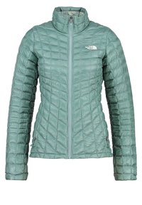 Světle zelená zateplená bunda s proševem, zapínáním na zip a vysokým límcem. Má dlouhé rukávy a přiléhavý střih.