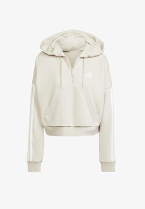 Sudadera beige recortada con un bolsillo frontal tipo pouch, cremallera blanca y franjas laterales blancas. Presenta un logo de Adidas en el pecho y una textura suave.