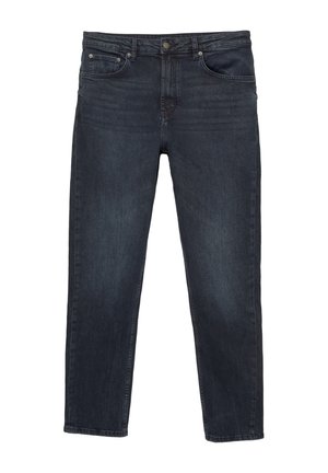 Mørkeblå denimjeans med lige ben, klassisk fem-lomme design, knaplukning og subtil falmning for tekstur.