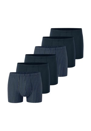 Six pairs of men's boxer briefs arranged angled, three solid dark blue, three navy with thin vertical white stripes.