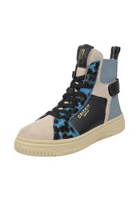 High-top sneaker featuring a mix of beige, blue, black, and gray suede with a textured leopard pattern, lace-up design, and rubber sole.